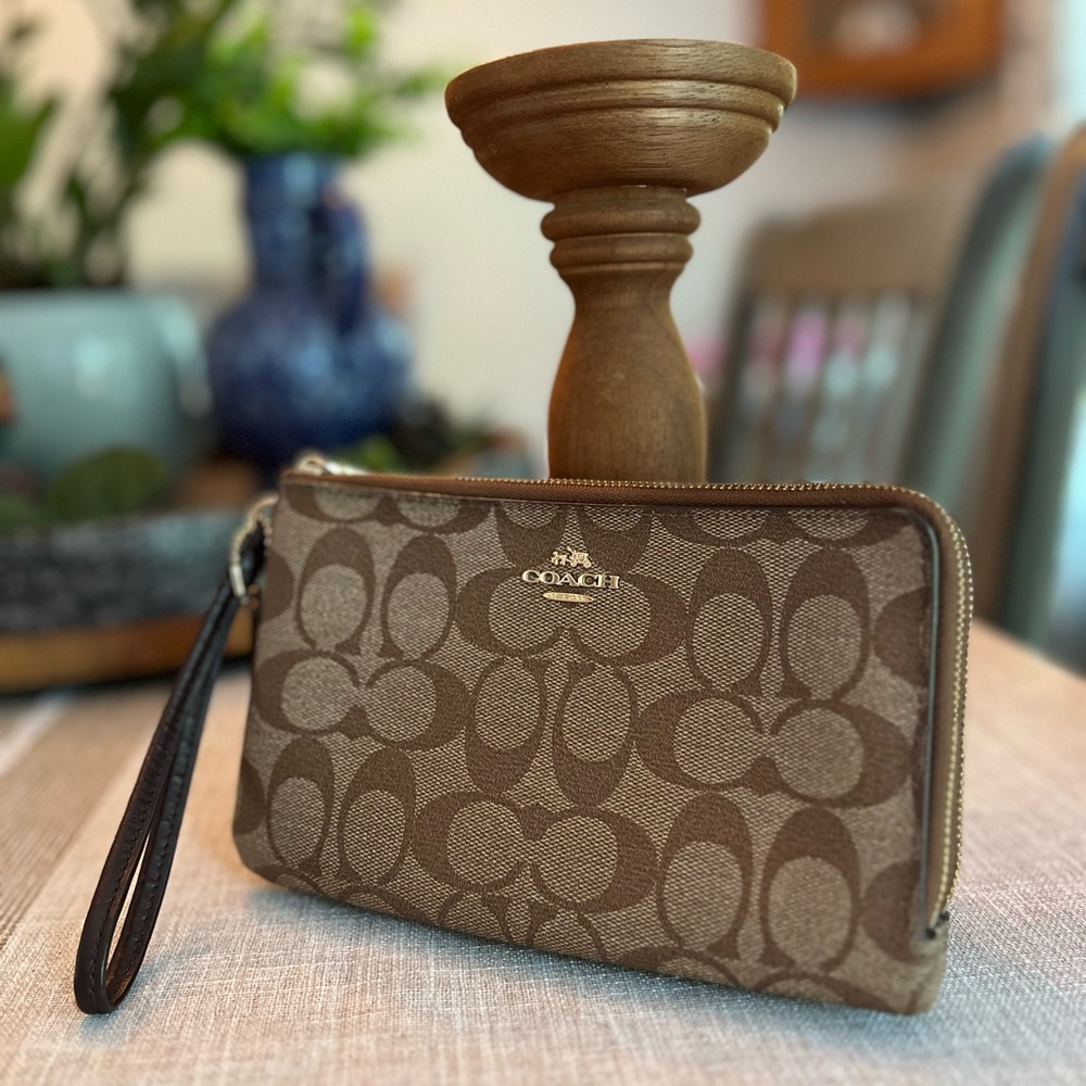 🤍Coach Signature Double Zip Wristlet Wallet Brown Tan Canvas Leather